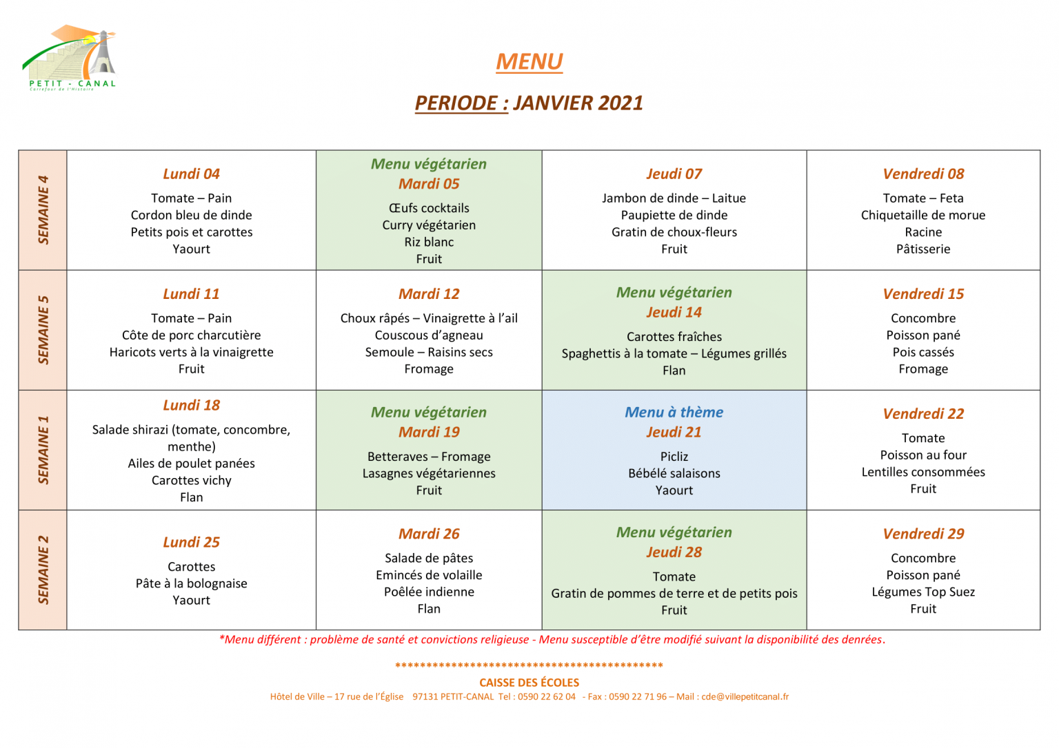 Planning des repas pour le mois de Janvier CLG MAXIMILIEN VRECORD